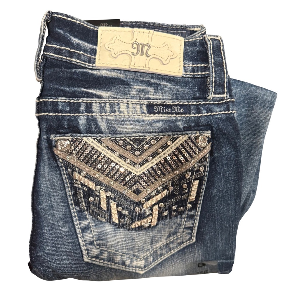 Miss Me Women's Size 25x31 Mid Rise Skinny Jeans Southwestern Bling Pockets NWT